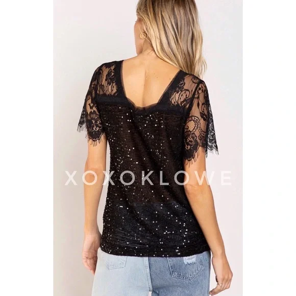 POL Black Sequin V Neck Lace Short Sleeves Sheer Top - Picture 13 of 15